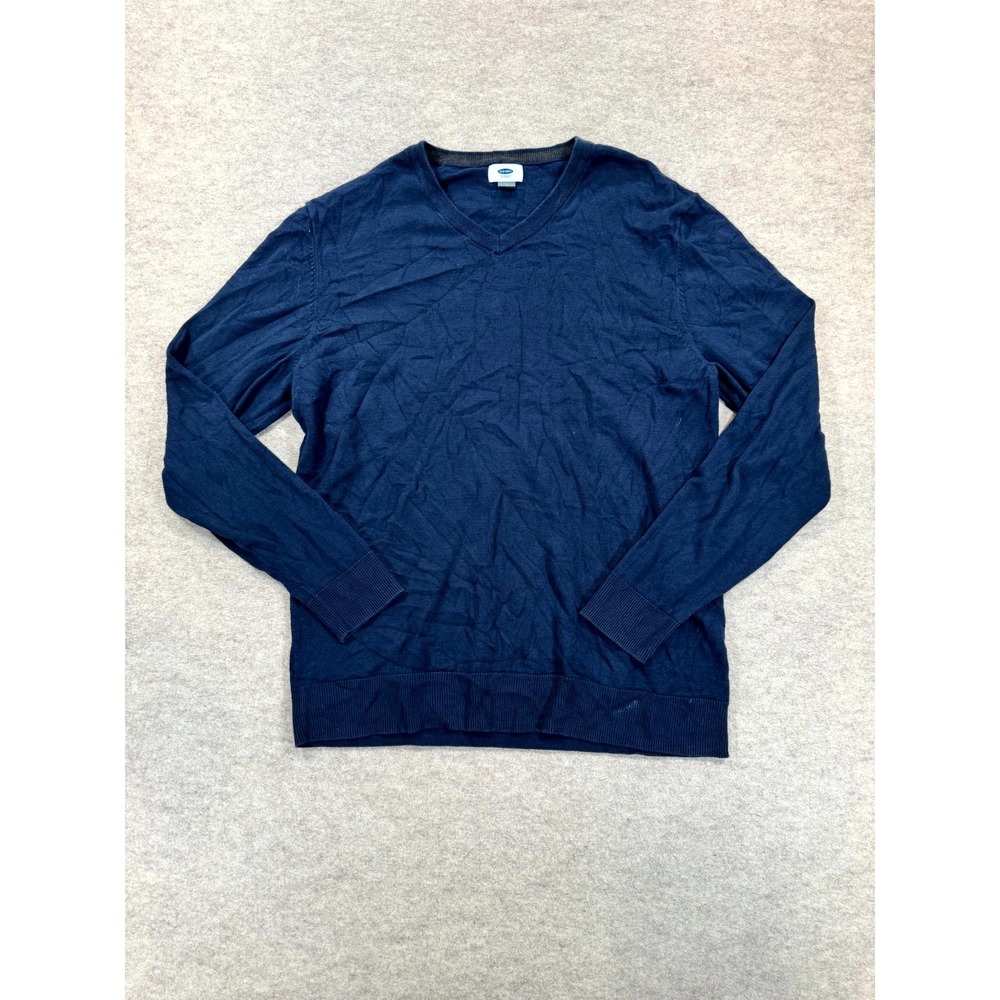 Old Navy Sweater Mens Large Navy Blue Knitted Cotton Long Sleeve V-Neck Pullover